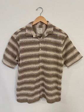 Massive Luxury Men's S Brown Cream Striped Crochet Knit Camp Shirt